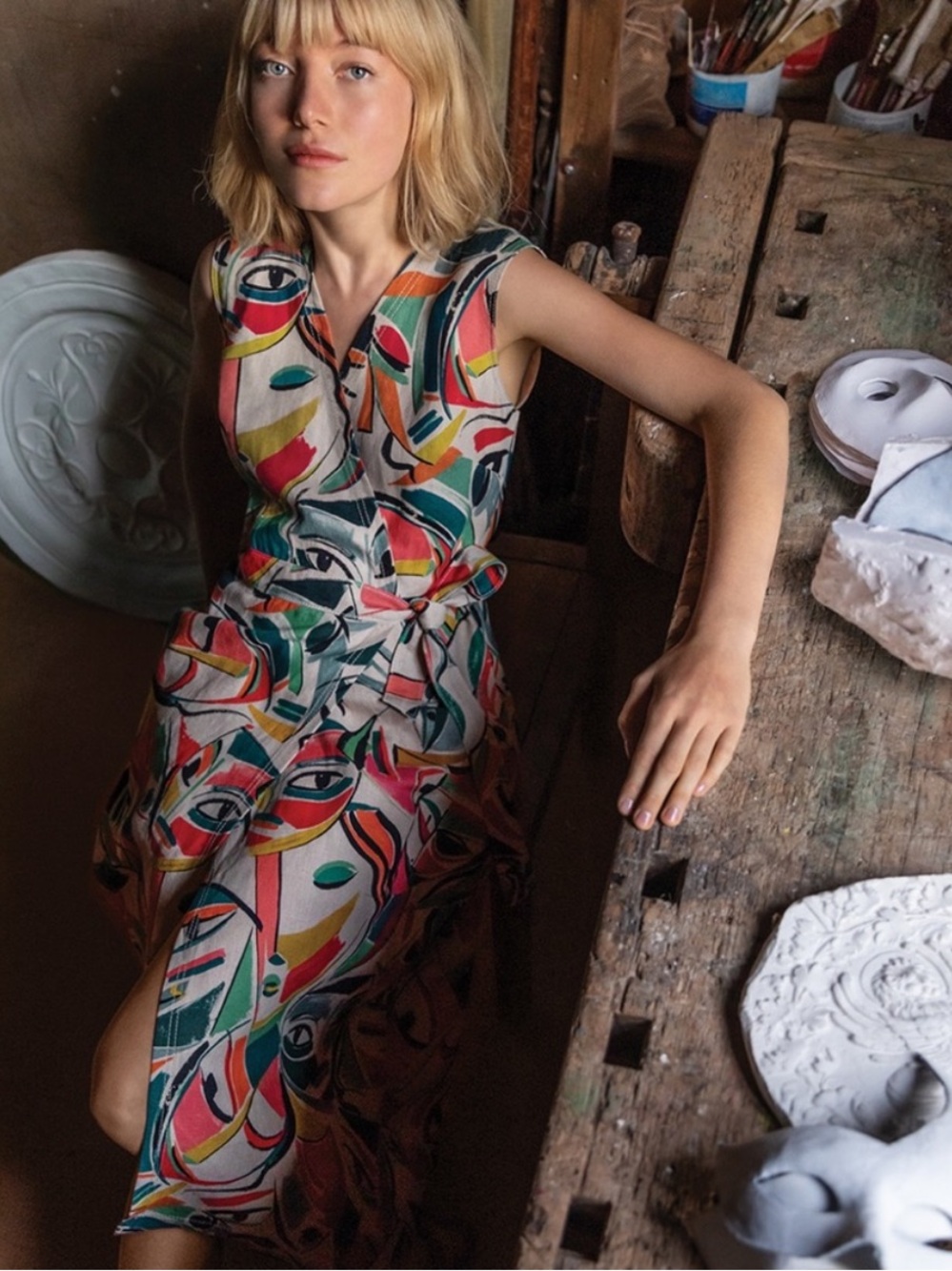 Lafayette 148 Pammie Carnivale Sleeveless Linen Wrap Dress Quarry Multi Sz 8